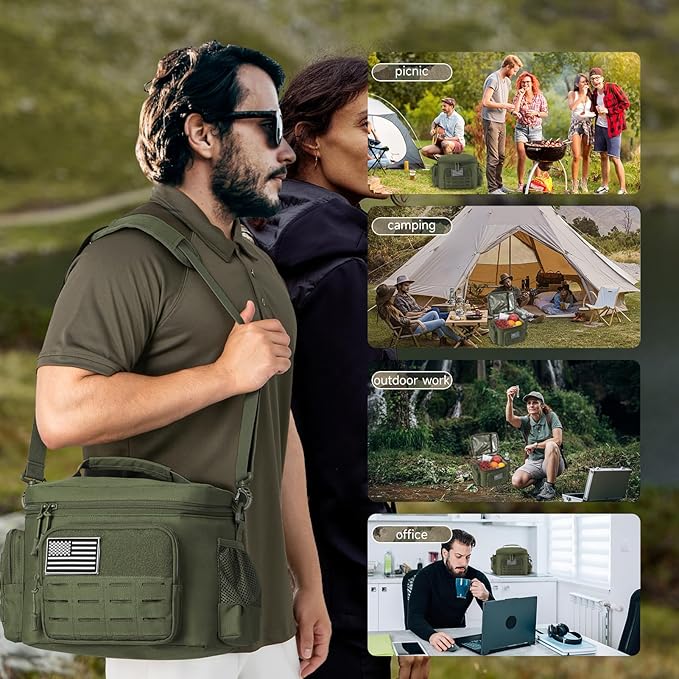 QT&ampQY Tactical Lunch Bag for Mens Military Heavy Duty Lunch Box Work Leakproof Insulated Durable Thermal Cooler Bag for Adult Meal for Office Camping Picnic Pail MOLLE Webbing Army Green
