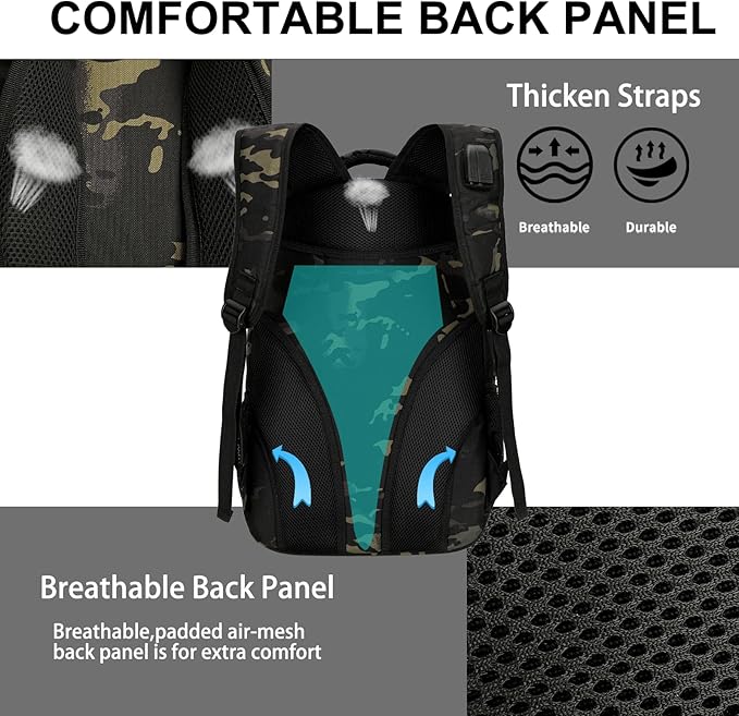 outdoor plus Camo BackpackMilitary Boys Backpacks for School30L Army Bookbag with USB Charging Port Waterproof