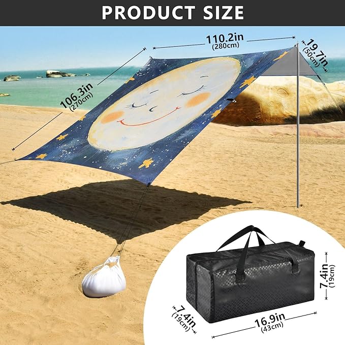 Cute Moon and Star Foldable Beach Canopy UPF50+ Easy Setup Large Portable Sun Shelter with Sand Shovel Sandbags for Camping Picnics Backyard