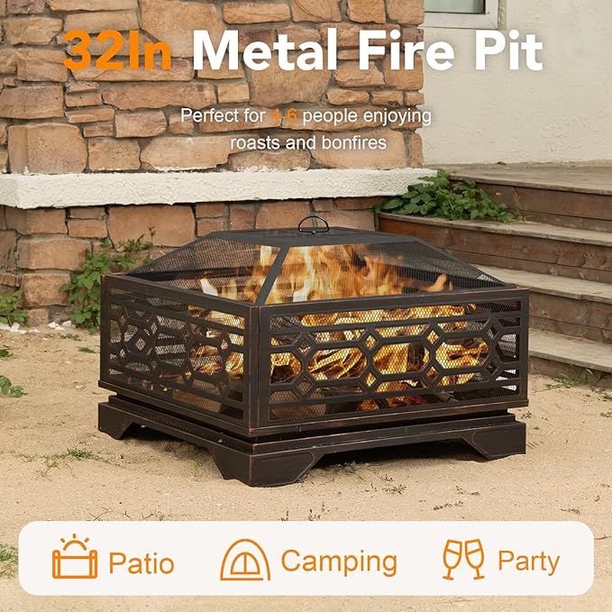 Florise Outdoor Fire Pit 32 Inch Wood Burning Firepit for Outside with Mesh Cover &amp Fire Poker Large Square Metal Fireplace for Patio Backyard Garden Bonfire Party