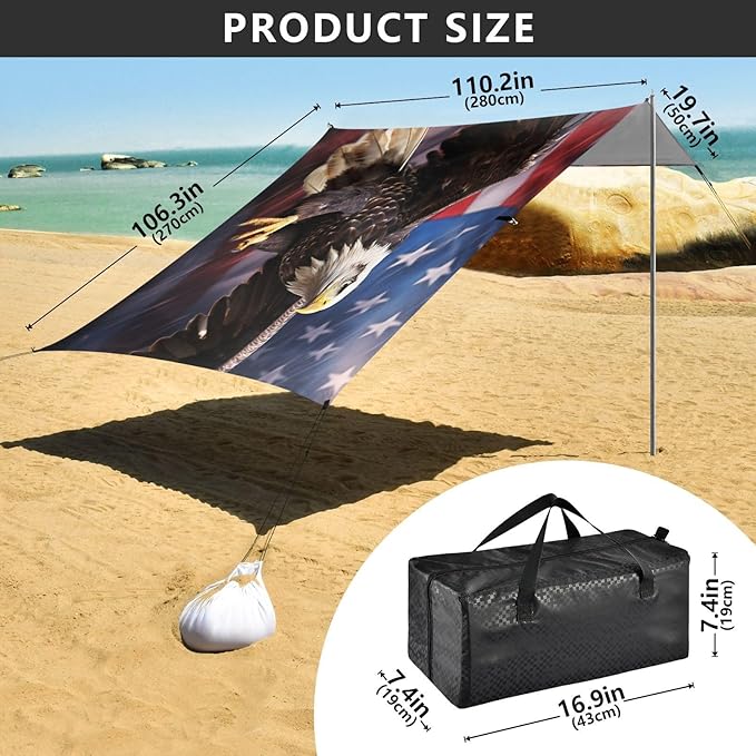 ALAZA Eagle USA American Flag Beach Tent Sun Shelter UPF50+ Protection Beach Shade Canopy w/ 4 Sandbags for Outdoor Camping Fishing Backyard Fun Picnic 10x9 ft