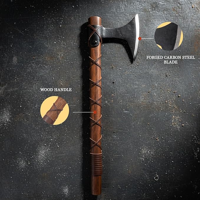 Medieval Warrior Traditional Viking Hand-Axe — Hand-Forged Style Bearded Blade with Leather Cross-Strap Grip