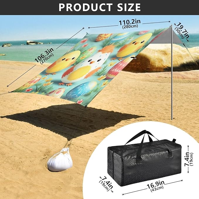 Easter Eggs Cute Chicks Beach Tent Sun Shelter Set UPF50+ UV Protection 10.5 x 9.19 FT Camping Shade Canopy with Sandbags Sand Anchors Carrying Bag and Others