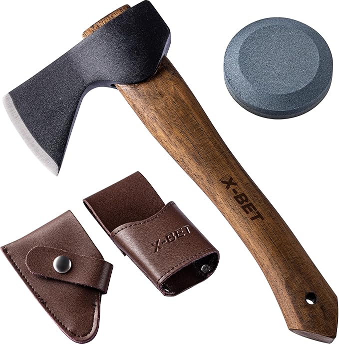 X-bet MAGNET 12 Hand-Forged Hatchet with Sheath and Sharpener - Camping Axe Bushcraft and Survival Hatchet Spring Steel Blade - Small Axe Perfect for Wood Carving Cutting Splitting and Gardening