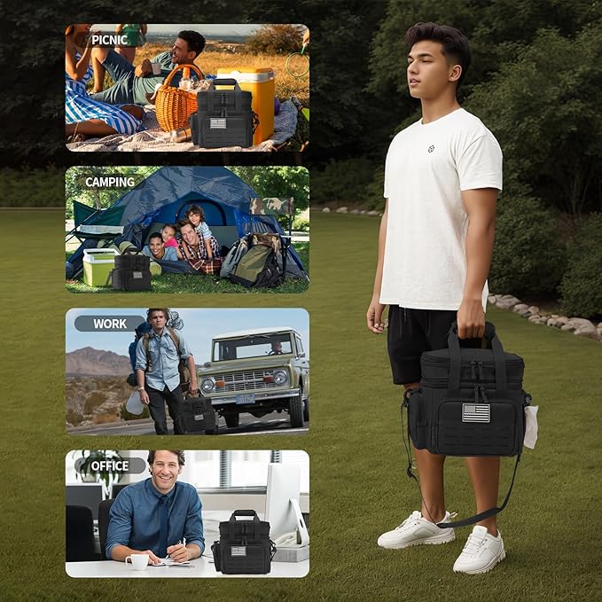 QT&ampQY Tactical Lunch Box for Men Expandable 18L Heavy Duty Military Insulated Cooler Bag Leakproof Thermal Lunch Bag for Work Camping Outdoor Picnic Pail Adult Meal MOLLE Webbing Black