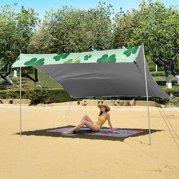 Beach Canopy with Windproof Ropes &amp Sandbags Beach Tent Sun Shade Sun Shelter for Camping Trips Fishing Backyard Fun or Picnics St. Patrick's Day Clover