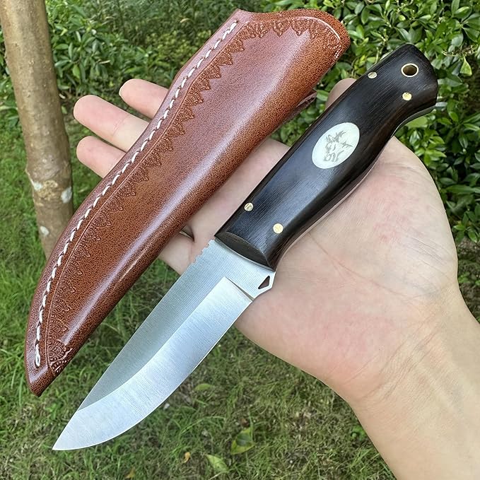 3.54 inches Bowie Knife Full-tang D2 Steel Fixed Blade Ebony Wood Handle Hunting Knife with Leather for Camping Hiking Survival