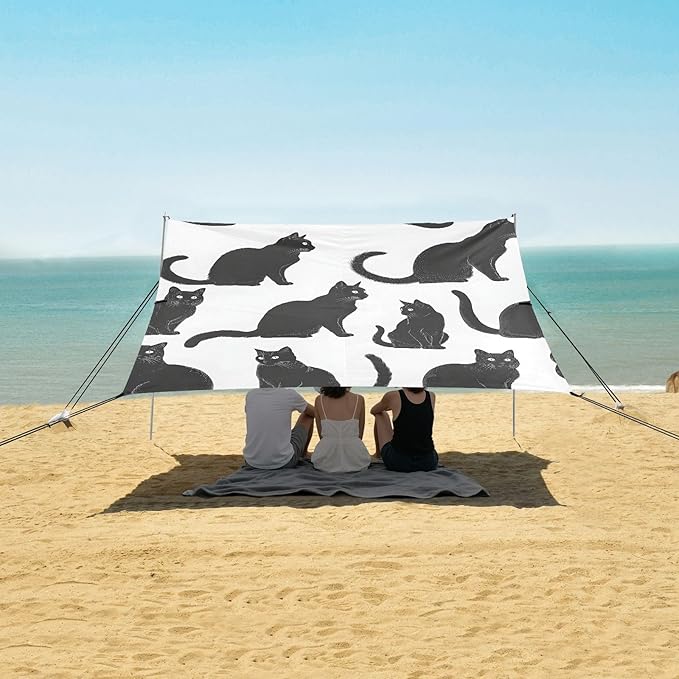 ALAZA Black Cats Silhouettes Pattern Beach Tent Sun Shelter UPF50+ Protection Beach Shade Canopy w/ 4 Sandbags for Outdoor Camping Fishing Backyard Fun Picnic 10x9 ft