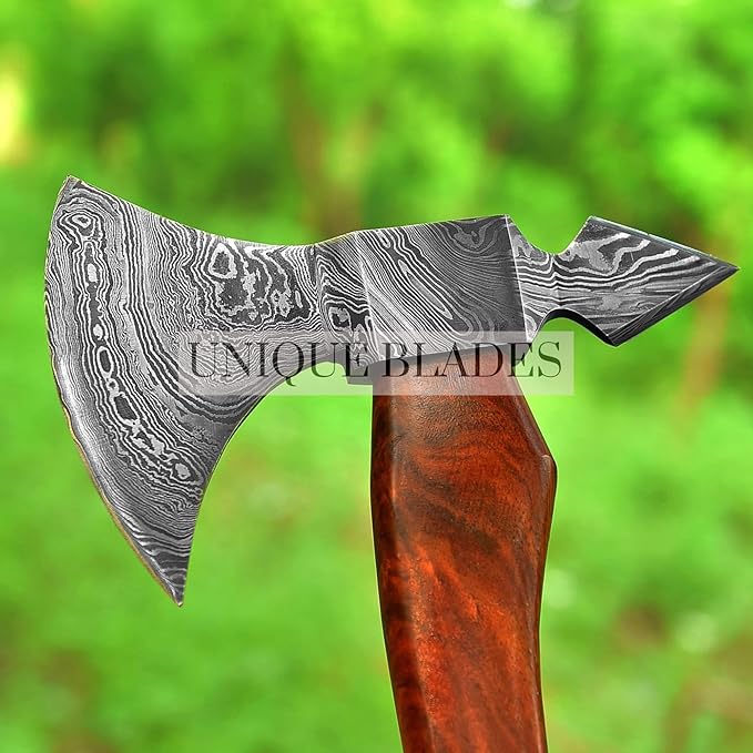 Viking Battle Axe Camping Axe 18-IN Wood Handle Damascus Steel Dual Sided Leather Sheath