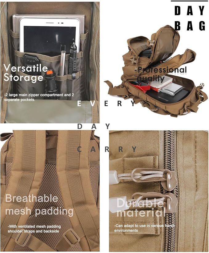 Miramrax Small Tactical Backpack Military Daypack - 30L Backpack for Men Molle Assault Pack Bug Out Bag for Hiking Camping Travel Army Hunting Rucksack Trekking (Coyote)