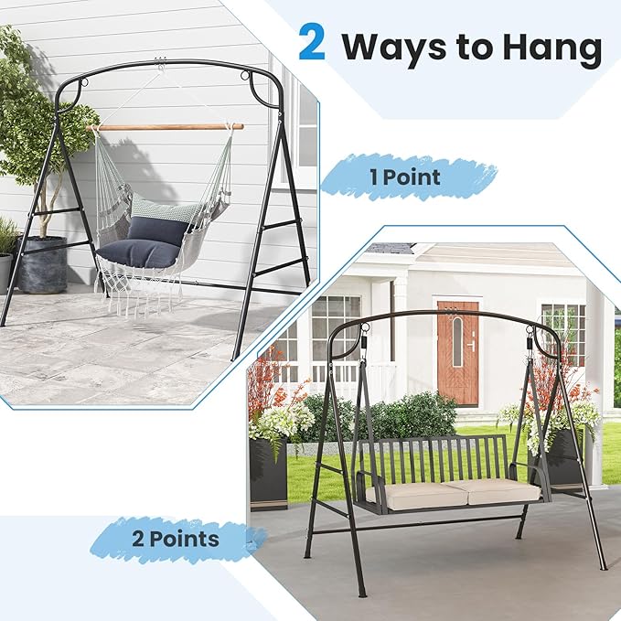 RELAX4LIFE Outdoor Hammock Chair Stand - 660LBS Capacity Heavy Duty Metal Swing Frame w/3 Hanging Rings 2 Hanging Ways A-Frame Swing Stand for Porch Patio Garden Backyard Hammock Chair Not Included