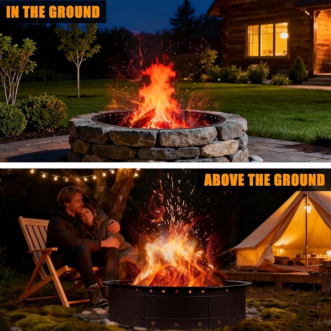 36 Inch Fire Pit Ring Large Outdoor Campfire Pit for Patio Backyard Garden Smokeless Steel Firepit with Air Vent for Efficient Burning &amp Anti-Rust Coating Brown Steel
