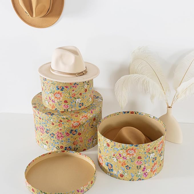 Soul &amp Lane Botanica Bliss Gold Round Hat Boxes with Lids - Set of 3: Nesting Cardboard Hat Storage Boho Floral Print Cases Stacking Circle Decorative Keepsake Boxes