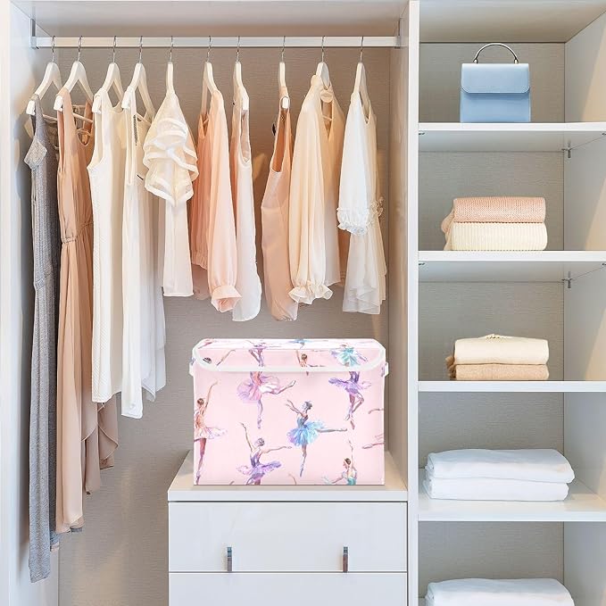 ALAZA Ballet Dance Pink Storage Bins Organizer Box Baskets Lidded Clothes for Shelves Closet Collapsible Stackable Storage Cubes Handles