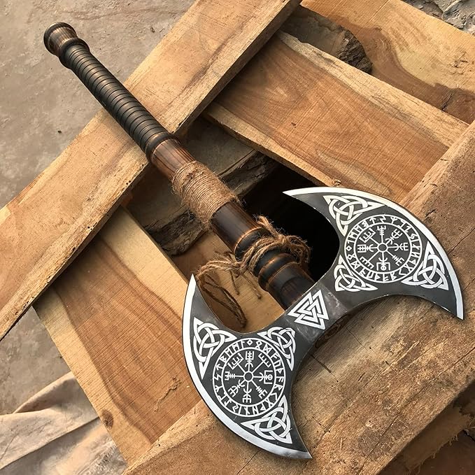 [MDM King Tools] Custom Handmade Viking Axe Medieval Ax with Viking Gift Hand Axes Viking Gifts for Men Camping Tomahawk Bearded Ragnar Axe with Leather Sheath (Dobule)