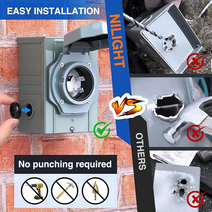 Nilight 30 AMP Generator Power Inlet Box 125V NEMA L5-30P Receptacle Boxes LED Indicator Pre-drilled ETL Listed Enclosed Lockable Waterproof Outlet for RV Camper Outdoor Use