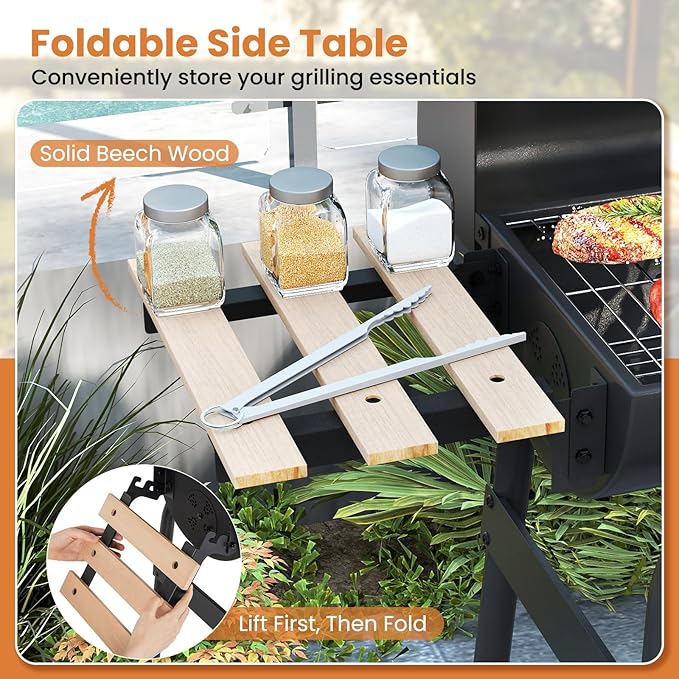Giantex Portable Charcoal Grill with Foldable Side Table Outdoor BBQ Smoker Grill with Wheels Thermometer Adjustable Air Vent Bottom Shelf Barrel Barbecue Grills for Patio Camping &amp Tailgate