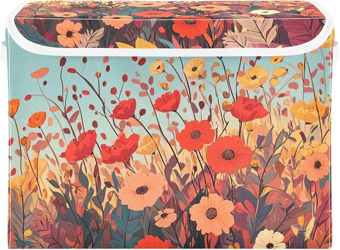 Collapsible Storage Bins with Lids Decorative Fabric Storage Cubes Closet Organizer and Storage Basket Boxes Containers for Clothes Box Chest Nursery Folding Rectangle Autumn Poppy Flowers