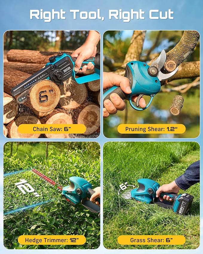 SEESII Electric Chainsaw Trimmer Pruner: 3-in-1 Cordless Chainsaw Hedge Trimmer Pruning Shears with 2× Rechargeable 4000mAh Batteries Garden Tool Kit for Tree Trimming and Branch Cutting
