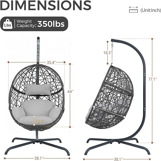 NICESOUL Egg Swing Chair Outdoor Indoor Boho Style Bird Nest Wicker Swinging Chair with Stand 350Lbs Comfy Hanging Hammock Chairs with Cushions All-Weather Egg-Shape Seat for Deck Garden Gray