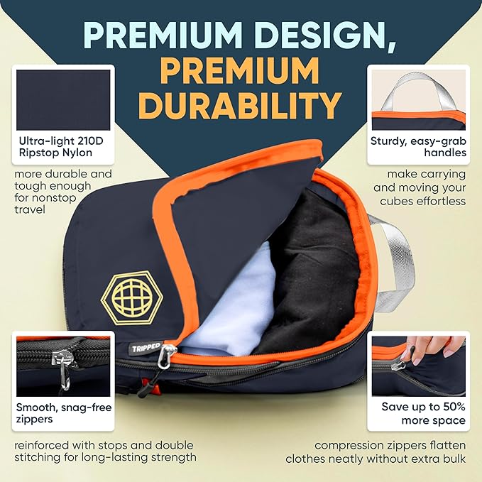 Large Compression Packing Cubes for Travel-Packing Cube Luggage Organizers 7 Piece Set for Checked Luggage-Ultralight Expandable/Compression Bags by TRIPPED Travel Gear (Grey/Orange)