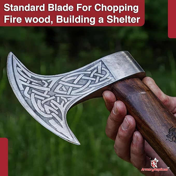 Armory Replicas™ Dragon Slayer Viking Battle Axe – 23 Carbon Steel Beheading Axe w/Knot Motif Sheesham Wood Handle Options – Rustic Brown Finish Functional Crescent Blade