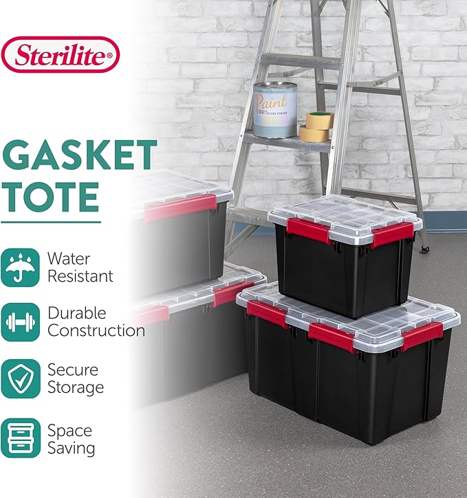 Sterilite 18 Pack 5 Gallon Gasket Box Stackable Plastic Storage Container with Lids Black - Waterproof and Dustproof Tote for Home Organization