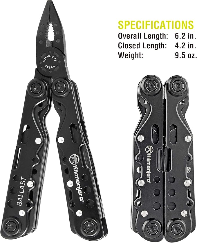 Kilimanjaro 13-in-1 Ballast Black Multi-Tool with Pliers Knife &amp Screwdrivers Anodized Aluminum Handles Secure Set Screws Belt Pouch Heavy-Duty Compact Tool for Camping &amp Work - 910053ECE