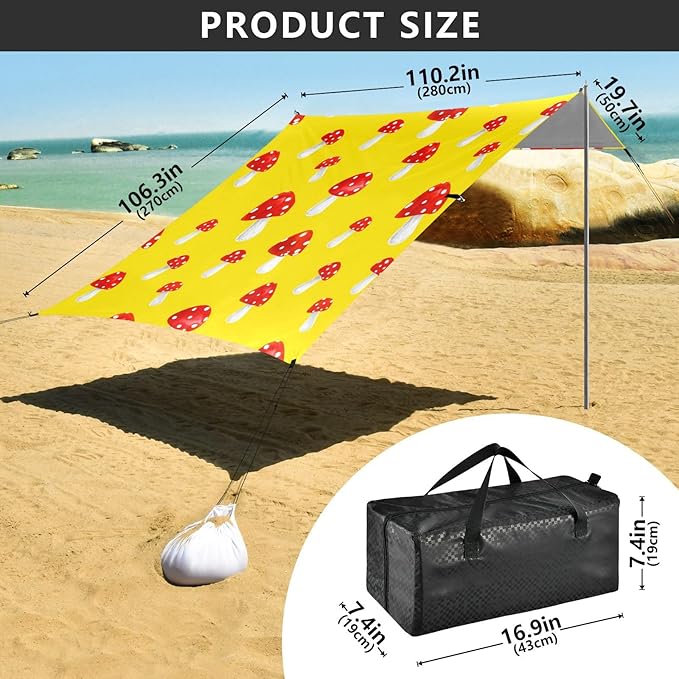 Beach Canopy with Windproof Ropes &amp Sandbags Beach Tent Sun Shade Sun Shelter for Camping Trips Fishing Backyard Fun or Picnics Mushroom