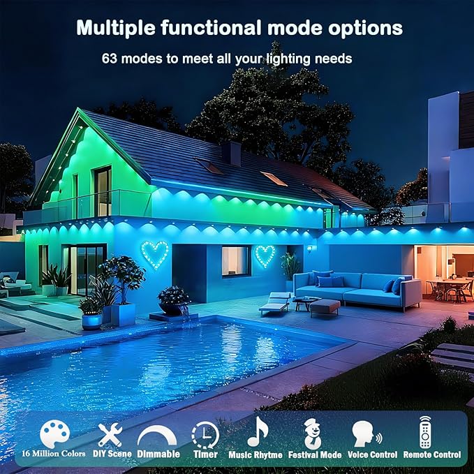 iYogaled 150ft Permanent Outdoor Christmas Lights for House Smart RGB+IC+Warm to Cool White LED Eave Lights with App Control IP65 Outside Light Compatible with Alexa Google Assistant
