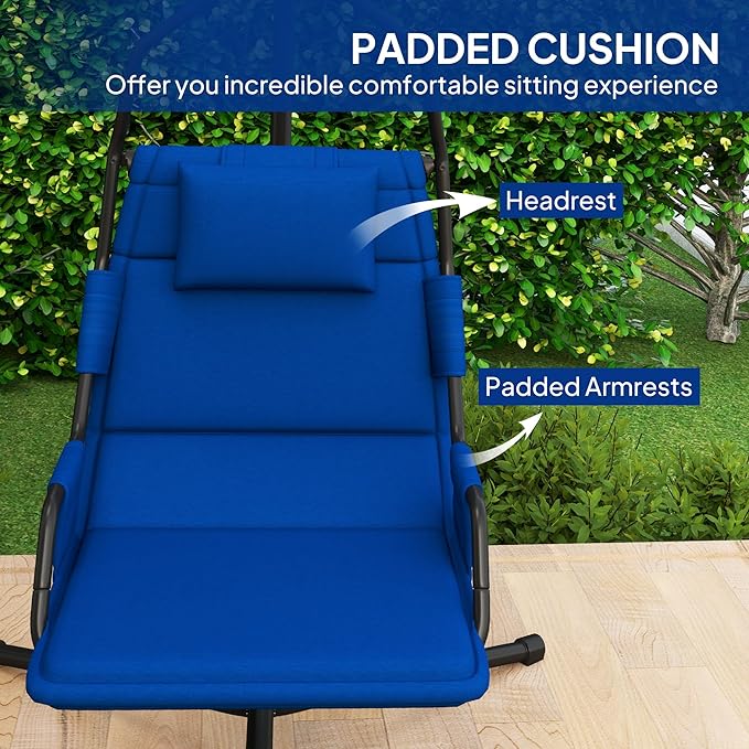 Outsunny Hammock Chair with Stand Hammock Swing with PA Coating Oxford Fabric Cushion Indoor Outdoor Hanging Chair with Chain Steel Frame for Bedroom Patio Balcony Dark Blue