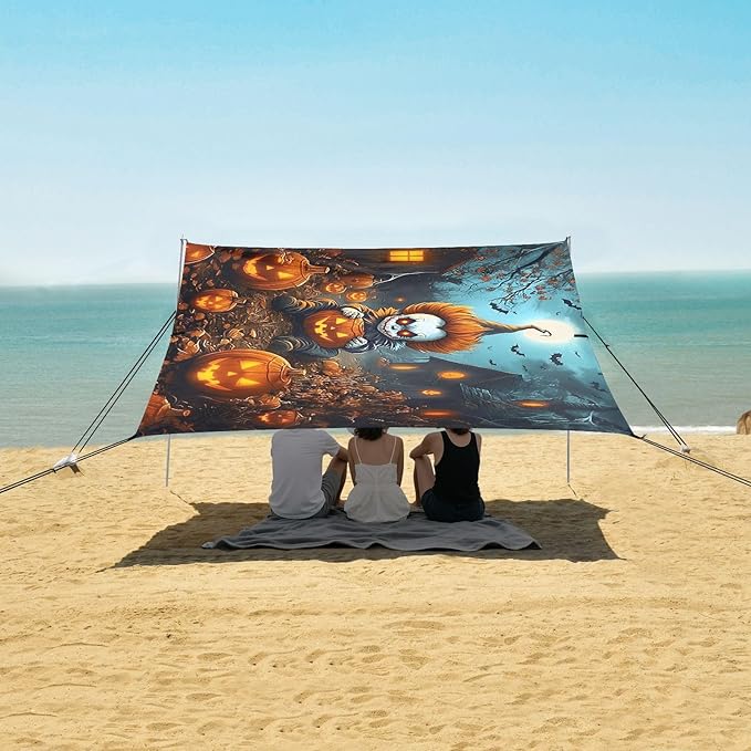 ALAZA Halloween Clown Pumpkin Beach Tent Sun Shelter UPF50+ Protection Beach Shade Canopy w/ 4 Sandbags for Outdoor Camping Fishing Backyard Fun Picnic 10x9 ft