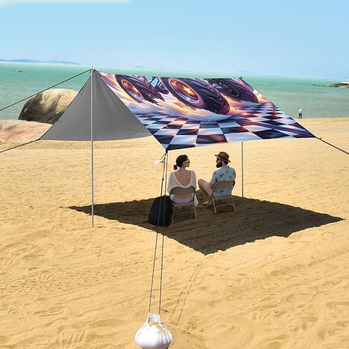 ALAZA Monster Truck Checkered Beach Tent Sun Shelter UPF50+ Protection Beach Shade Canopy w/ 4 Sandbags for Outdoor Camping Fishing Backyard Fun Picnic 10x9 ft