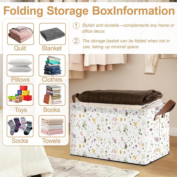 32L Large Storage Bins with Handles Basket Organizer for Shelves Closet Books Laundry &amp Home Decor (Meadow Flower)