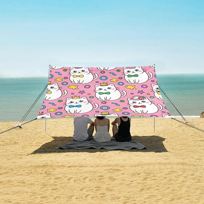 xigua Cat Beach Tent Sun Shelter with Carrying Bag - Silver Coated Oxford Fabric Beach Canopy for Beach Camping Fishing - Includes Windproof Ropes Sandbags &amp Stakes