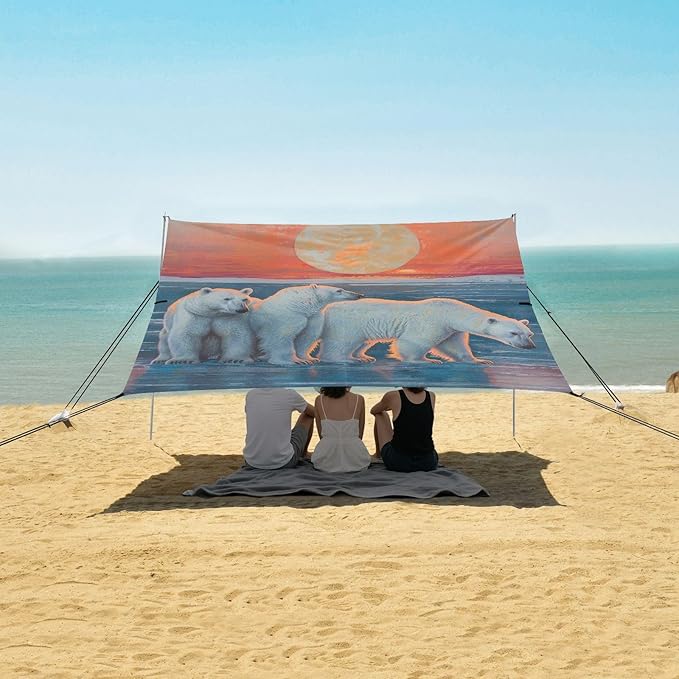ALAZA Three Polar Bear Sunset Beach Tent Sun Shelter Portable Canopy Sunshade for Outdoor Camping Picnics Backyard Fun 10x9 ft