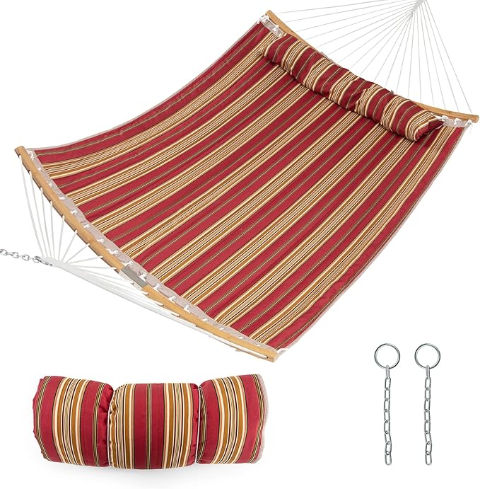 Tangkula 11FT Double Hammock Heavy Duty Outdoor Hammock with Curved Spreader Bars Detachable Pillow 2 Person Hammocks for Outside Porch Patio (Red)
