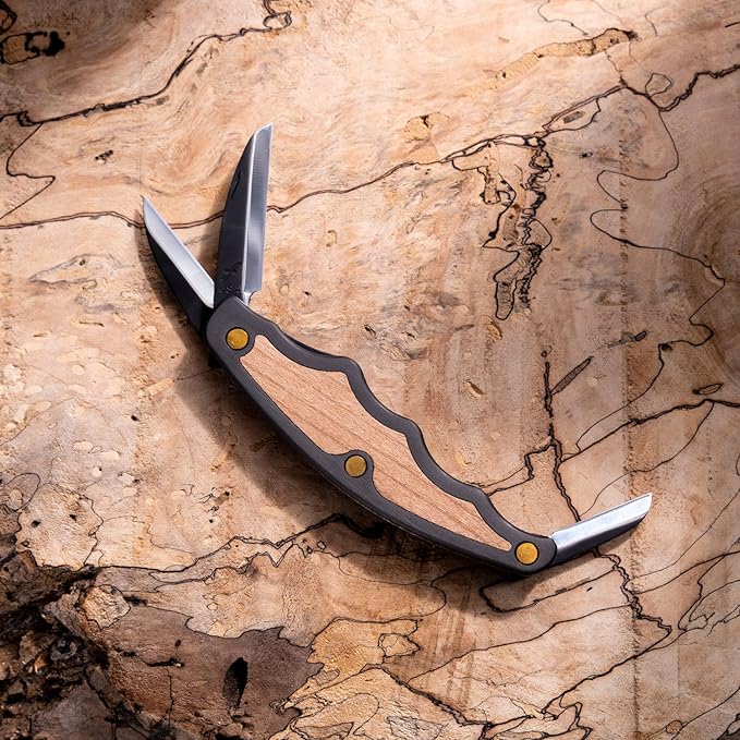 FLEXCUT Tri-Jack Pro (JKN95) Wood Carving Knife 3 High-Carbon Steel Blades (Roughing Detail Mini) Aluminum Handle with Cherry Inlay 4.25″ Closed 6 oz Made in USA