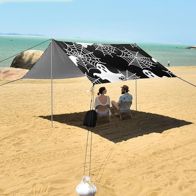 ALAZA White Ghost Spider Web Pattern Beach Tent Sun Shelter Portable Canopy Sunshade for Outdoor Camping Picnics Backyard Fun 10x9 ft