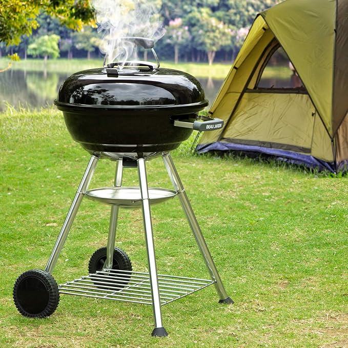BEAU JARDIN Charcoal Grill 18 Inch for Outdoor Cooking BBQ Barbecue Coal Kettle Bowl Grill Portable Heavy Duty Round with Wheels Grilling for Tailgating Patio Backyard Camping Black
