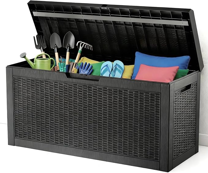 Zapdos Outdoor Storage Box 60 Gallon Deck Box Indoor and Outdoor Use Waterproof Resin Rattan Storage Bin for Package Storage Patio Cushions Gardening Tools Fade Resistant Lockable Black