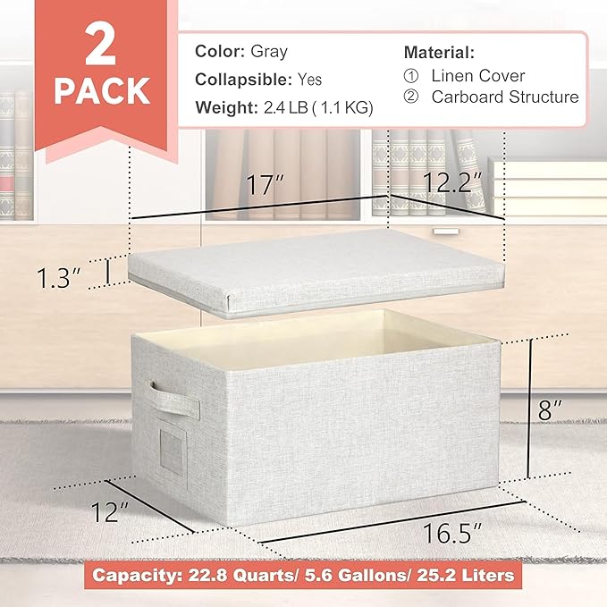 Large 17''x12'' Quart Collapsible Stackable Storage Bins with Lids 2 Packs Off White Fabric Closet Boxes with Lids Storage Cube Baskets Container Organizers for Bedroom Office(17''x12.2x''8'')