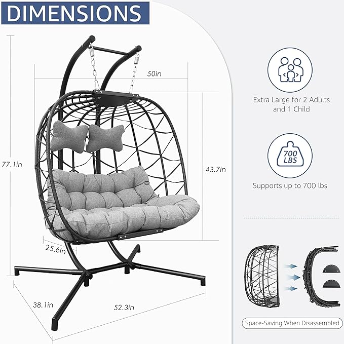 NICESOUL Oversized Patio Egg Chair for 2 Large &amp Wide Hanging Egg Chair with Stand Cozy Comfy Double Swing Hammock with Cushions Sturdy Porch Swings for Indoor Outdoor Light Gray with Cover