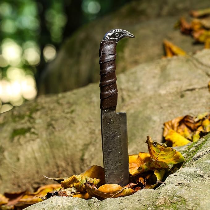 Odin's Raven Norse Viking-styled Knife 10.3 - Hand Forged 6.5 Carbon Steel Blade Raven's Head Hilt and Leather Sheath - Unique Medieval Seax Style - Norse Knife for Hunting &amp Camping