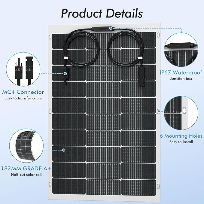 Viewsun Flexible Solar Panel 100 Watt 16BB Mono Cell Fiberglass Bendable Solar Panels Lightweight &amp Urtra-Thin for RV Camping Boat Balcony Roof YachtUneven Surface