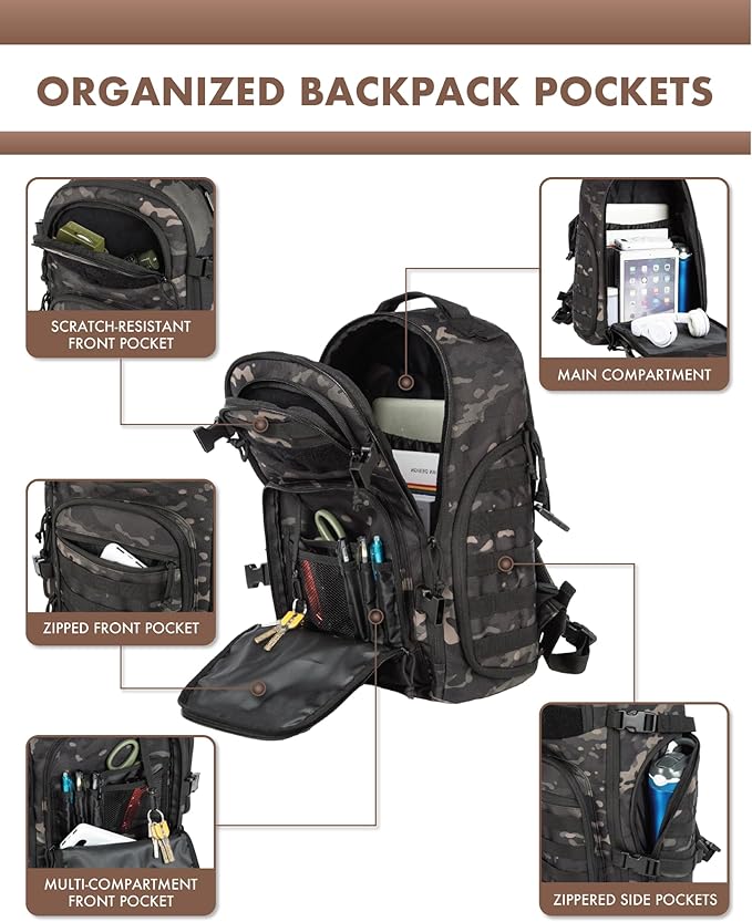 Military Tactical Backpack for Men 35L Tactical Laptop Backpack Tactical Bag Bug Out Bag Army 3 Days Assault Pack - Black&ampCamo