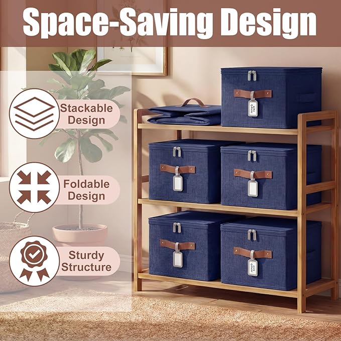 6 Pack Fabric Closet Storage Bins with Zipper Lids and Label 10×8×7In Large Size Foldable Cotton Linen Storage Cubes Boxes with PU Leather Handles Holders for Bedroom Nursery Dark Blue