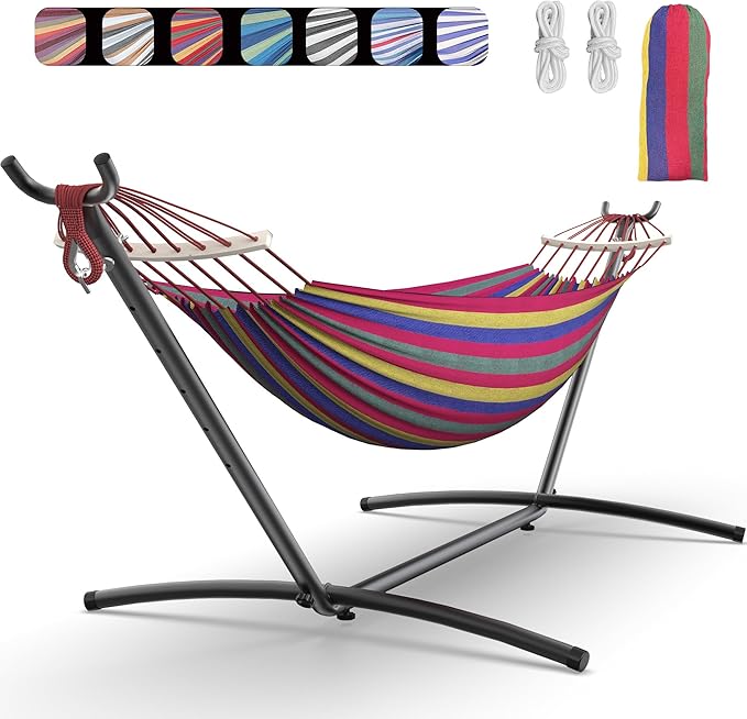 EveryFun Double Hammock with Heavy-Duty Steel StandPortableEasy Assembly600lbs Weight CapacitySuit for IndoorYardCampingor Outdoor-Wide Red