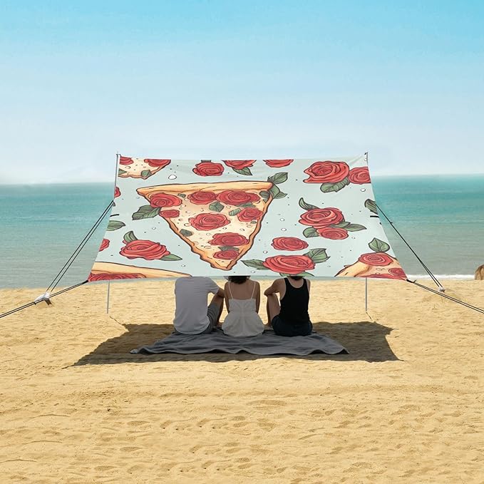 ALAZA Pizza Slice with Rose Beach Tent Sun Shelter Portable Canopy Sunshade for Outdoor Camping Picnics Backyard Fun 10x9 ft