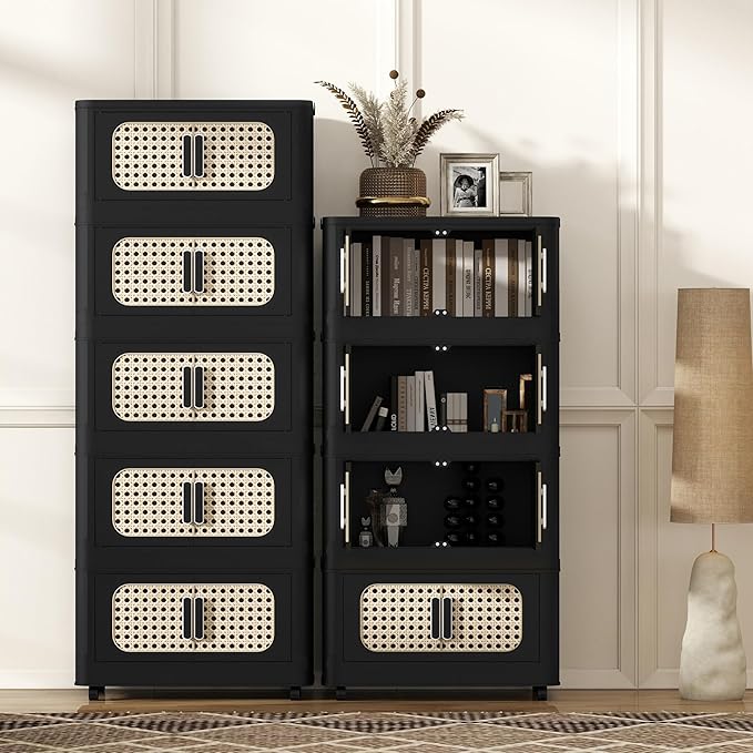 5 Tiers Folding Storage Cabinet20 Side Wide Stackable Storage Bins with Doors and Wheels Space Saving Plastic Cabinet for Living Room Office Dorm Retro Black